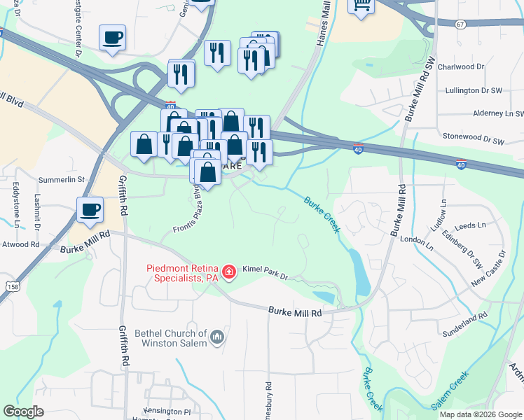 map of restaurants, bars, coffee shops, grocery stores, and more near 3333 Brookview Hills Boulevard in Winston-Salem
