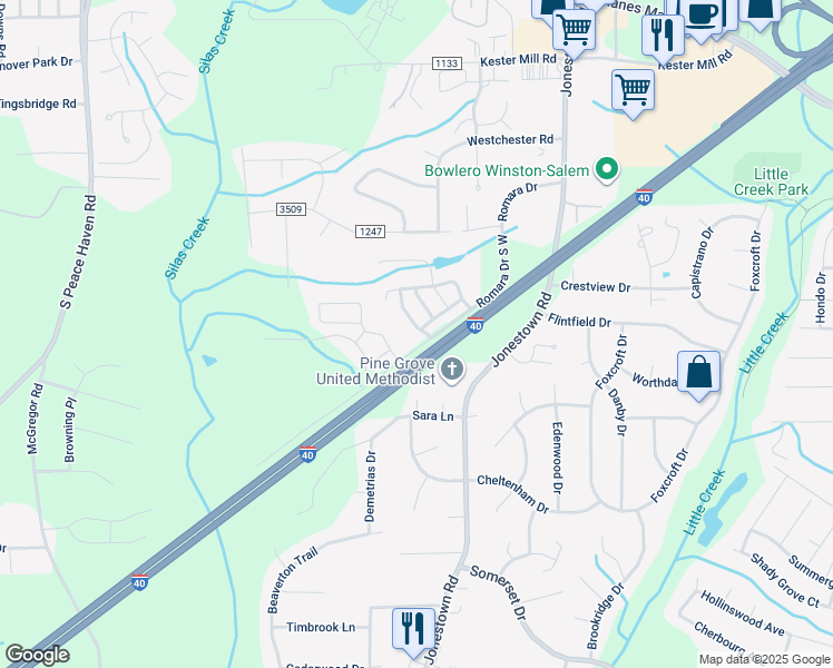 map of restaurants, bars, coffee shops, grocery stores, and more near 1183 Augustine Heights Drive in Winston-Salem