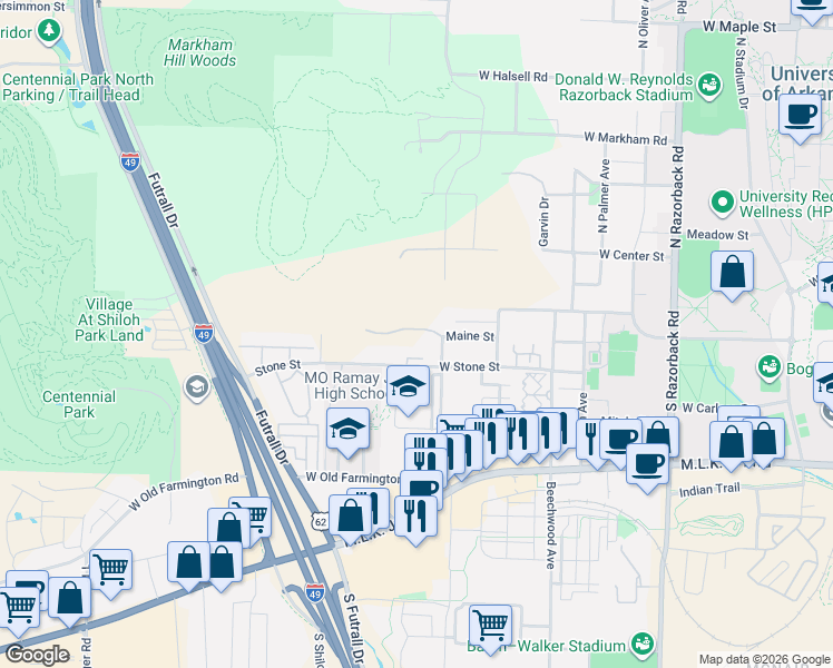 map of restaurants, bars, coffee shops, grocery stores, and more near 2092 West Henson Hill in Fayetteville