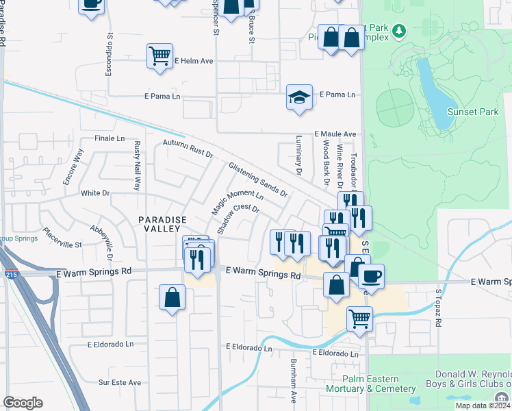 map of restaurants, bars, coffee shops, grocery stores, and more near 7065 Shadow Crest Drive in Las Vegas