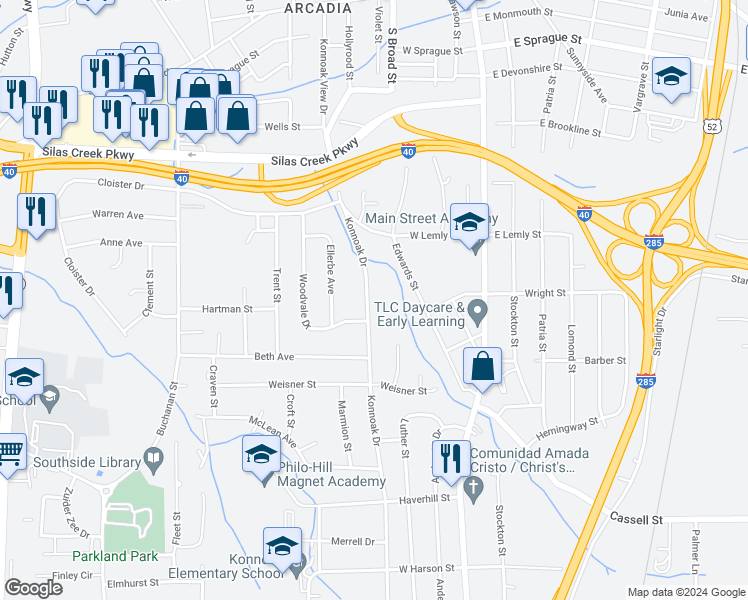map of restaurants, bars, coffee shops, grocery stores, and more near 2739 Konnoak Drive in Winston-Salem