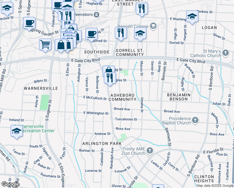 map of restaurants, bars, coffee shops, grocery stores, and more near 1011 South Pearson Street in Greensboro