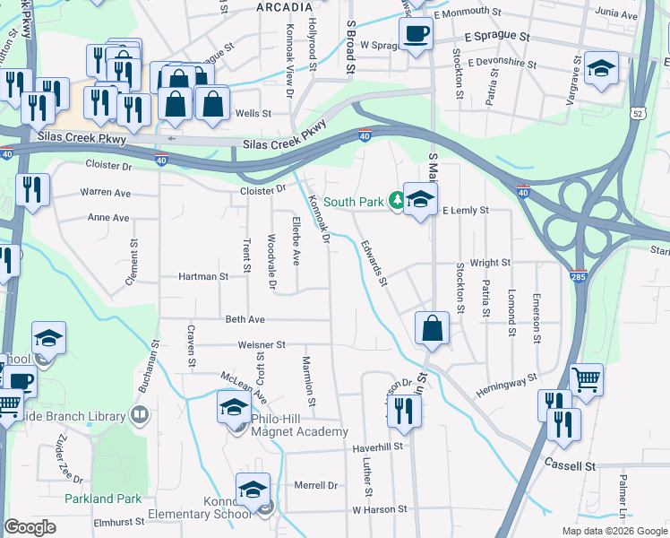 map of restaurants, bars, coffee shops, grocery stores, and more near 2721 Konnoak Drive in Winston-Salem