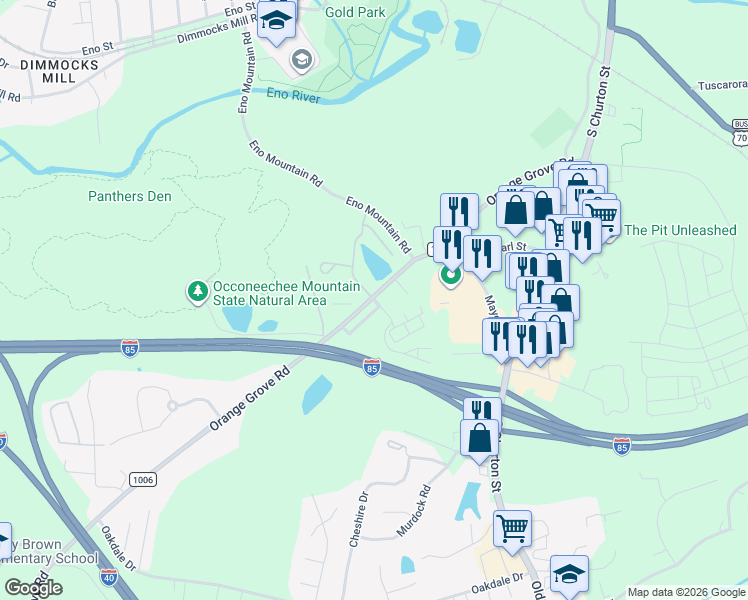 map of restaurants, bars, coffee shops, grocery stores, and more near 405 Thomas Burke Drive in Hillsborough