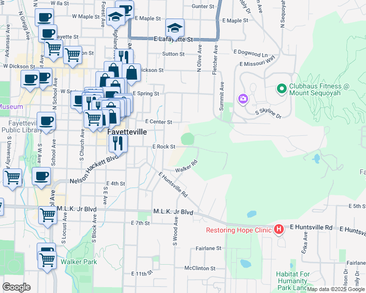 map of restaurants, bars, coffee shops, grocery stores, and more near 514 East Rock Street in Fayetteville