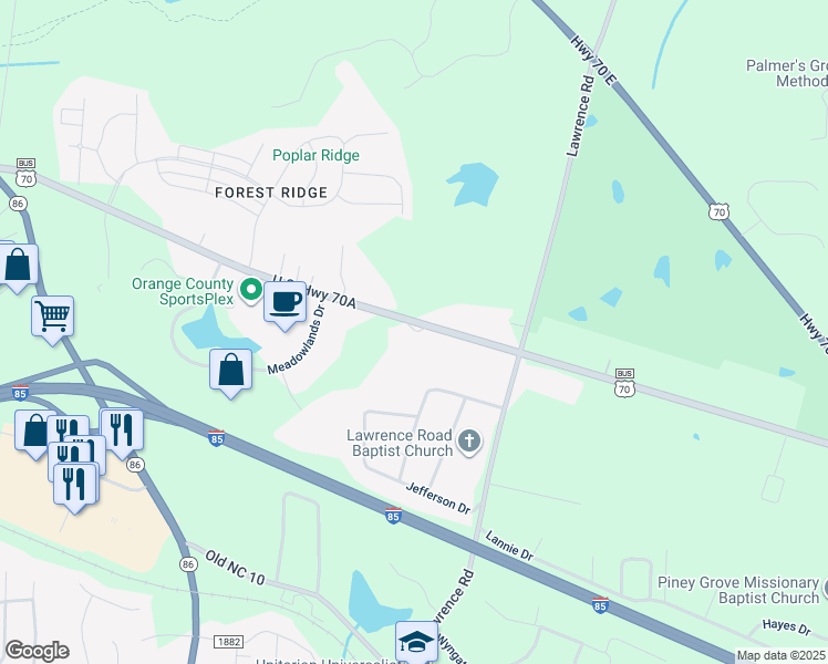 map of restaurants, bars, coffee shops, grocery stores, and more near 1409 U.S. Highway 70A in Hillsborough