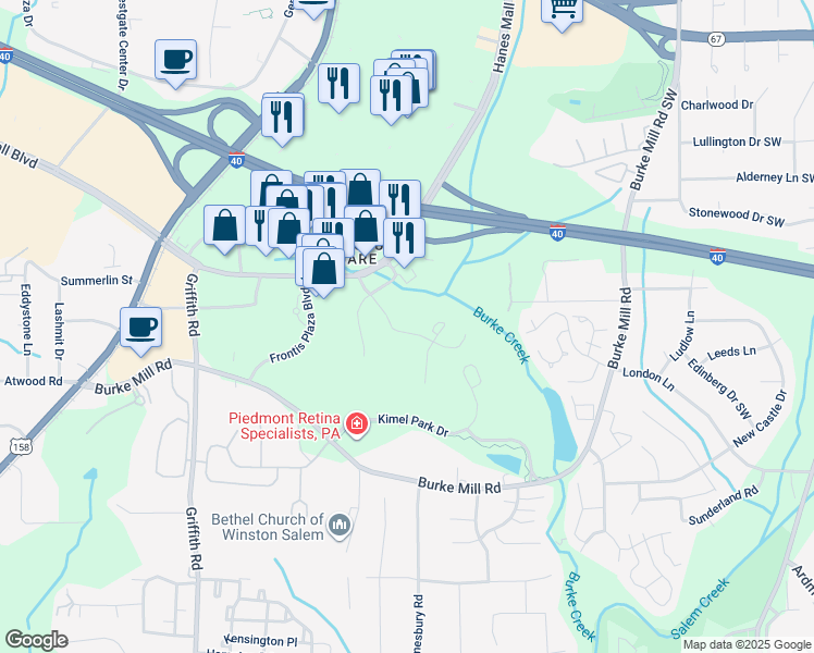 map of restaurants, bars, coffee shops, grocery stores, and more near 3333 Brookview Hills Boulevard in Winston-Salem