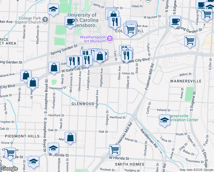 map of restaurants, bars, coffee shops, grocery stores, and more near 812 Gregory Street in Greensboro