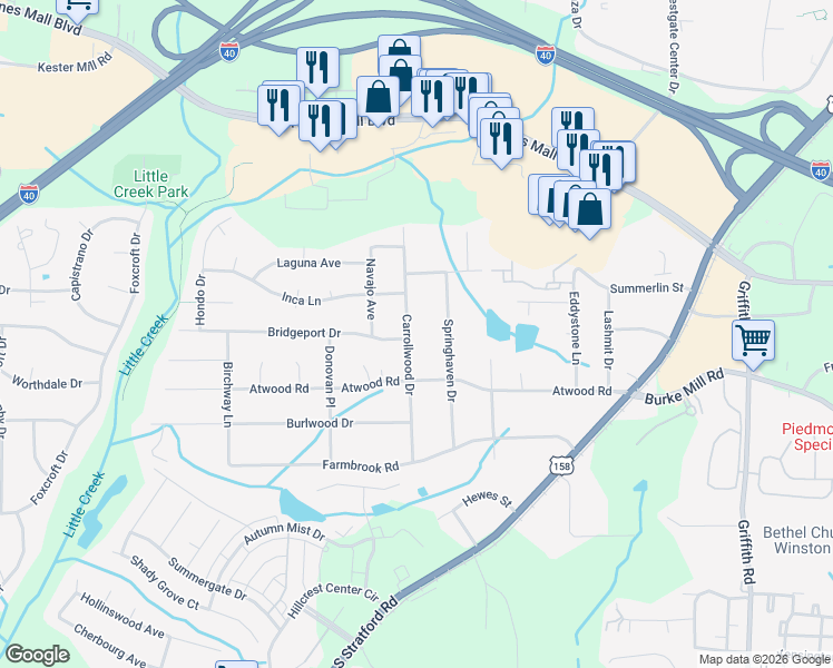 map of restaurants, bars, coffee shops, grocery stores, and more near 2911 Carrollwood Drive in Winston-Salem