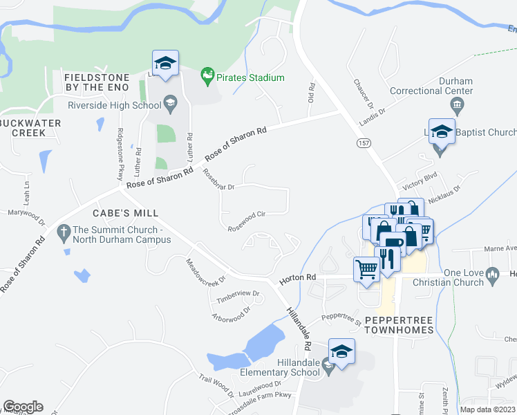 map of restaurants, bars, coffee shops, grocery stores, and more near 3038 Rosewood Circle in Durham