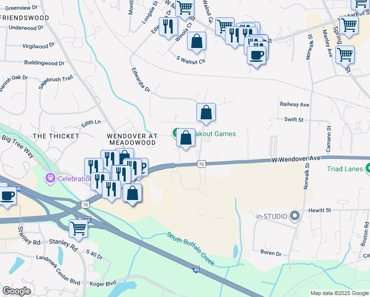 map of restaurants, bars, coffee shops, grocery stores, and more near 705 Carnegie Place in Greensboro