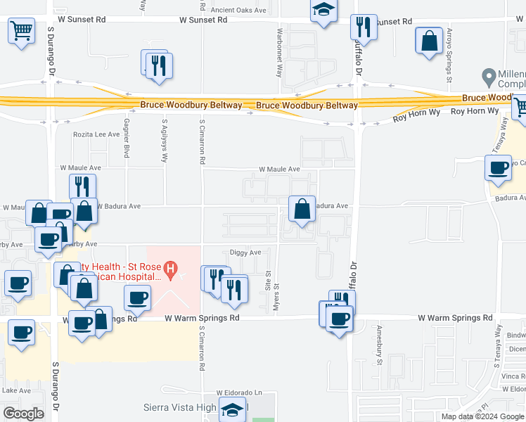 map of restaurants, bars, coffee shops, grocery stores, and more near 8036 Carpenter Creek Avenue in Las Vegas