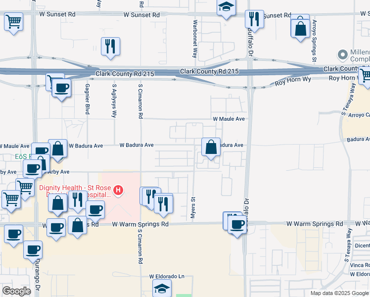map of restaurants, bars, coffee shops, grocery stores, and more near 8000 West Badura Avenue in Las Vegas