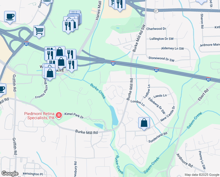 map of restaurants, bars, coffee shops, grocery stores, and more near 2906 Bradenton Drive in Winston-Salem