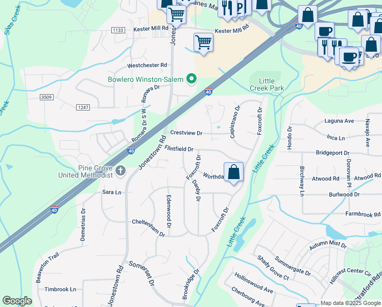 map of restaurants, bars, coffee shops, grocery stores, and more near 117 Flintfield Drive in Winston-Salem