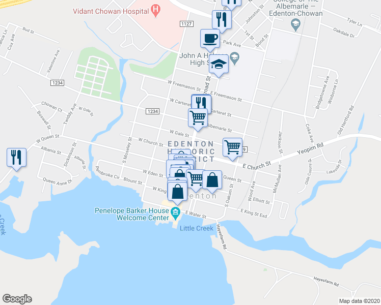 map of restaurants, bars, coffee shops, grocery stores, and more near Broad St & W Church St in Edenton