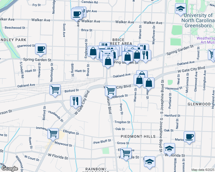 map of restaurants, bars, coffee shops, grocery stores, and more near 1911 South Chapman Street in Greensboro