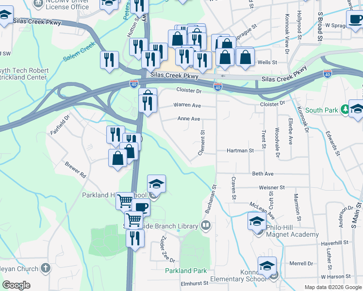 map of restaurants, bars, coffee shops, grocery stores, and more near 2721 Brightwood Court in Winston-Salem