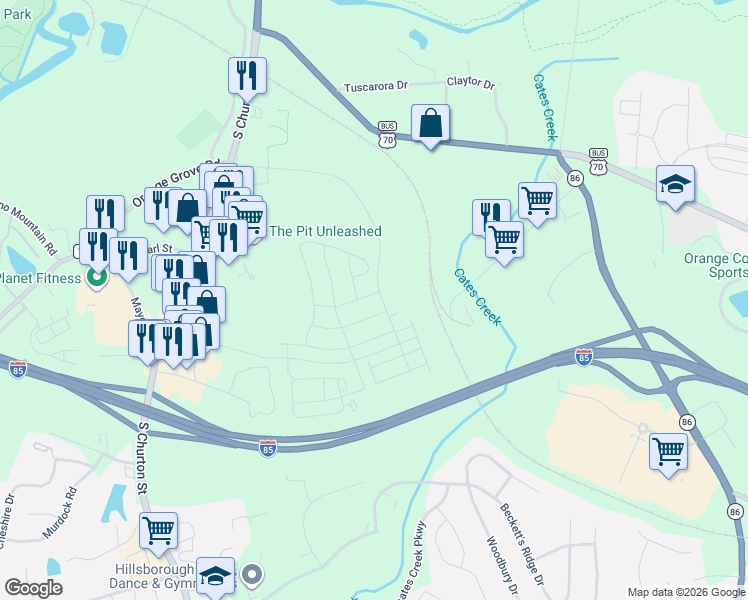 map of restaurants, bars, coffee shops, grocery stores, and more near 118 Orange Grove Street in Hillsborough