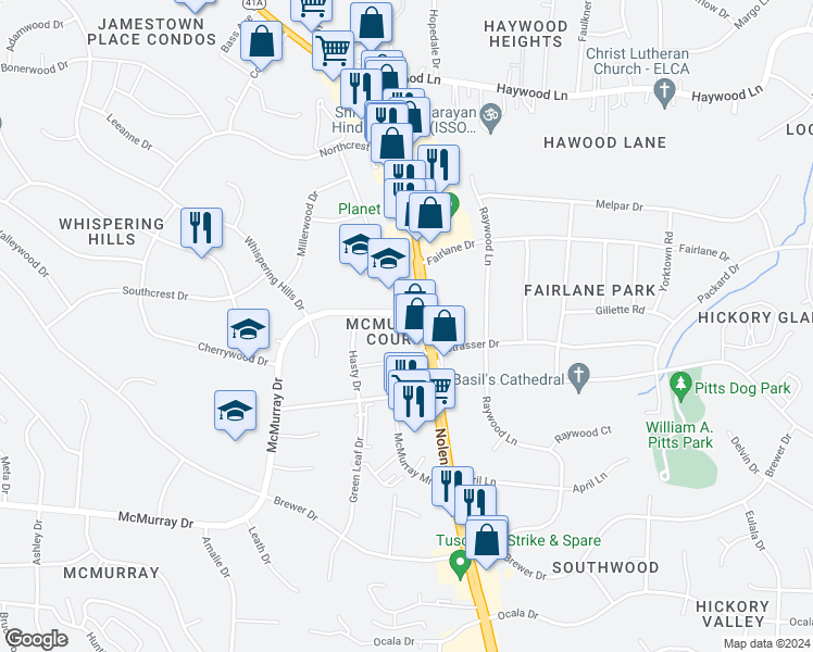 map of restaurants, bars, coffee shops, grocery stores, and more near 108 McMurray Circle in Nashville