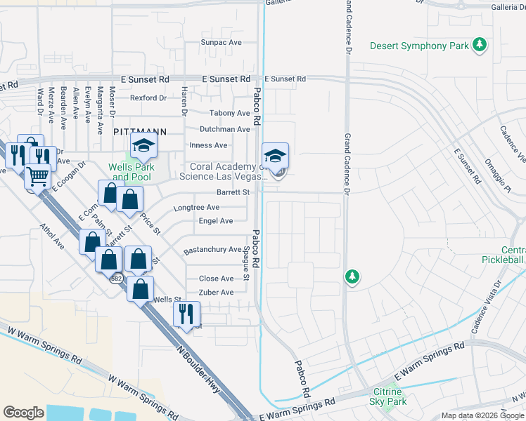 map of restaurants, bars, coffee shops, grocery stores, and more near 1400-1598 Pabco Road in Henderson