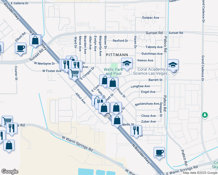 map of restaurants, bars, coffee shops, grocery stores, and more near 1533 Price Street in Henderson