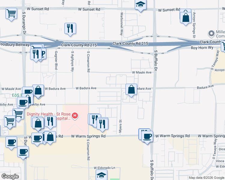 map of restaurants, bars, coffee shops, grocery stores, and more near 8000 West Badura Avenue in Las Vegas