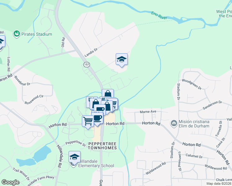map of restaurants, bars, coffee shops, grocery stores, and more near 1312 Nicklaus Drive in Durham