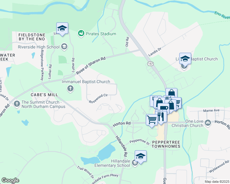 map of restaurants, bars, coffee shops, grocery stores, and more near 3023 Rosebriar Drive in Durham