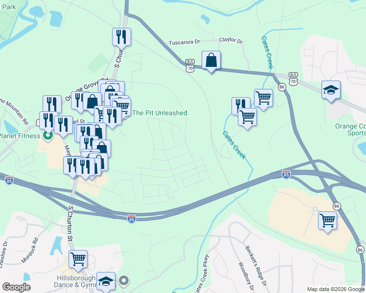 map of restaurants, bars, coffee shops, grocery stores, and more near 118 Orange Grove Street in Hillsborough
