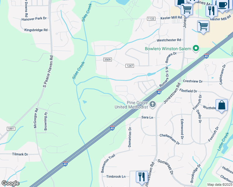 map of restaurants, bars, coffee shops, grocery stores, and more near 5541 Farm House Trail in Winston-Salem