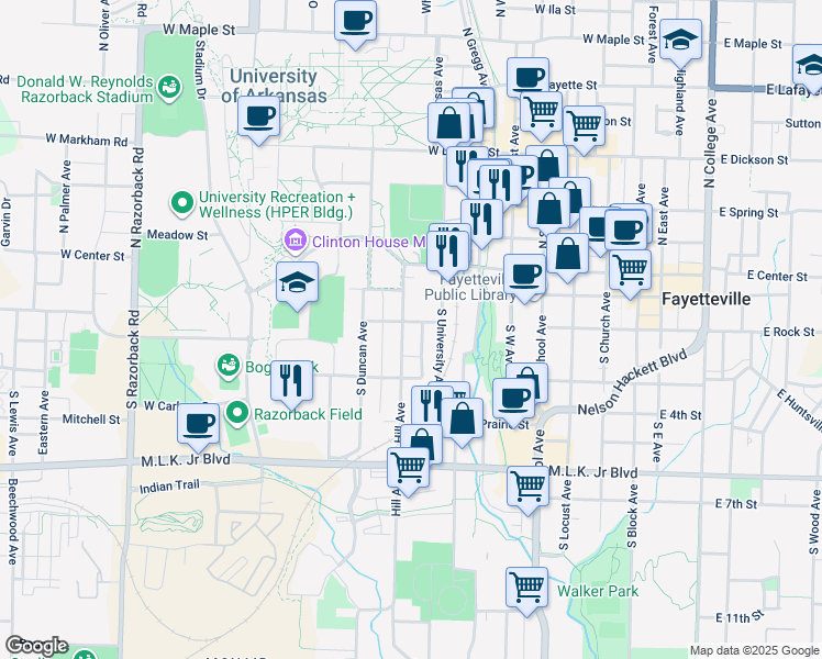 map of restaurants, bars, coffee shops, grocery stores, and more near in Fayetteville