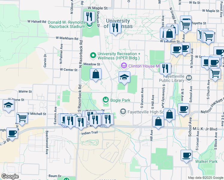 map of restaurants, bars, coffee shops, grocery stores, and more near 228 Stadium Drive in Fayetteville