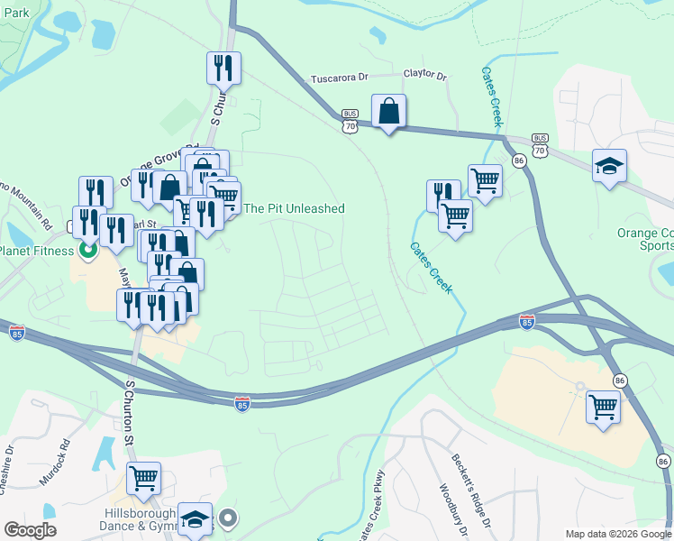map of restaurants, bars, coffee shops, grocery stores, and more near 118 Orange Grove Street in Hillsborough