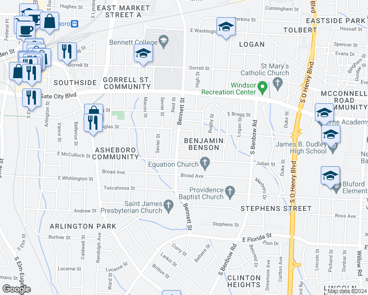 map of restaurants, bars, coffee shops, grocery stores, and more near 1112 Morris Street in Greensboro