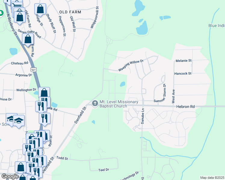 map of restaurants, bars, coffee shops, grocery stores, and more near 4728 Denfield Street in Durham