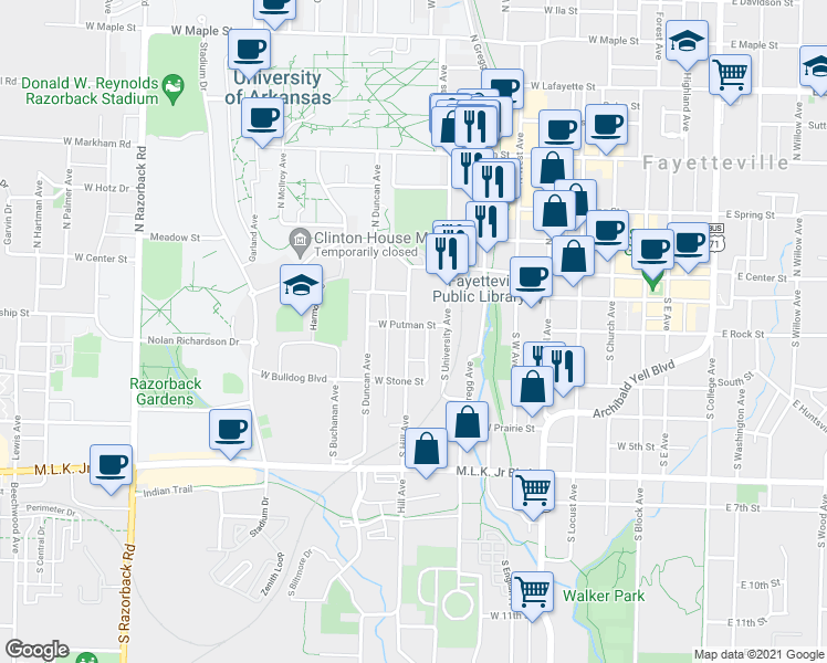 map of restaurants, bars, coffee shops, grocery stores, and more near 108 South Hill Avenue in Fayetteville