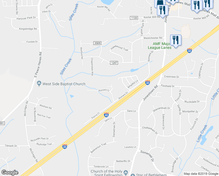 map of restaurants, bars, coffee shops, grocery stores, and more near 5576 Farm House Trail in Winston-Salem