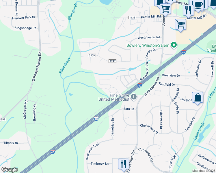 map of restaurants, bars, coffee shops, grocery stores, and more near 5576 Farm House Trail in Winston-Salem