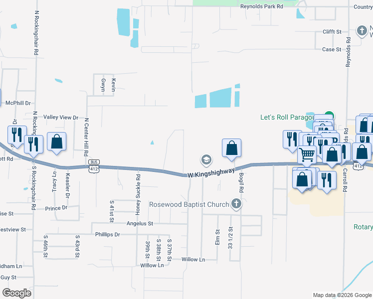 map of restaurants, bars, coffee shops, grocery stores, and more near 304 Foxfire Drive in Paragould