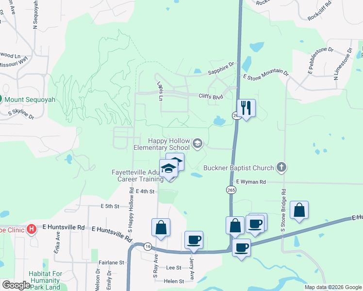map of restaurants, bars, coffee shops, grocery stores, and more near 58 South Woodsprings Drive in Fayetteville