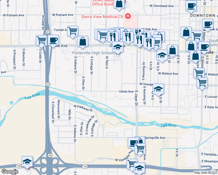 map of restaurants, bars, coffee shops, grocery stores, and more near 274 South Villa Street in Porterville