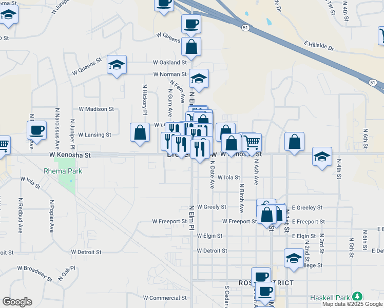 map of restaurants, bars, coffee shops, grocery stores, and more near in Broken Arrow