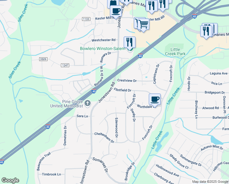 map of restaurants, bars, coffee shops, grocery stores, and more near 1000 Jonestown Road in Winston-Salem