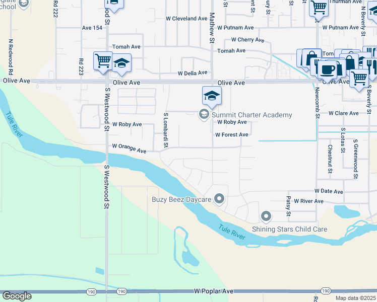 map of restaurants, bars, coffee shops, grocery stores, and more near 2081 West Orange Avenue in Porterville