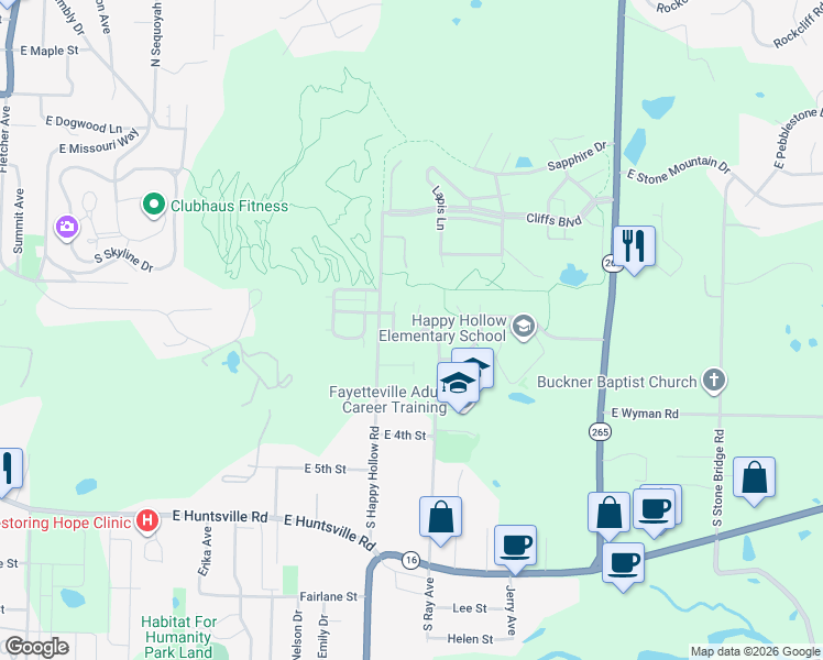 map of restaurants, bars, coffee shops, grocery stores, and more near 172 South Pinyon Point in Fayetteville