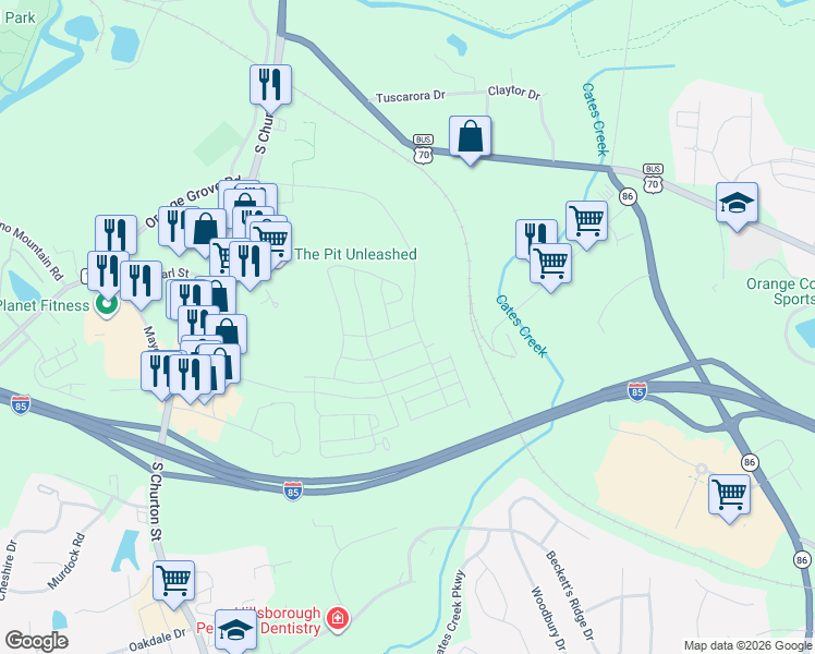 map of restaurants, bars, coffee shops, grocery stores, and more near 118 Orange Grove Street in Hillsborough