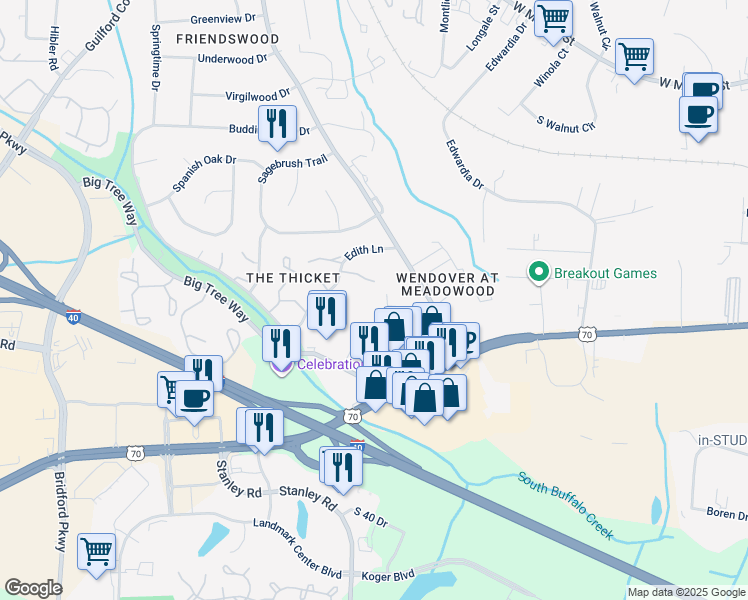 map of restaurants, bars, coffee shops, grocery stores, and more near 911 Pilgrims Church Road in Greensboro