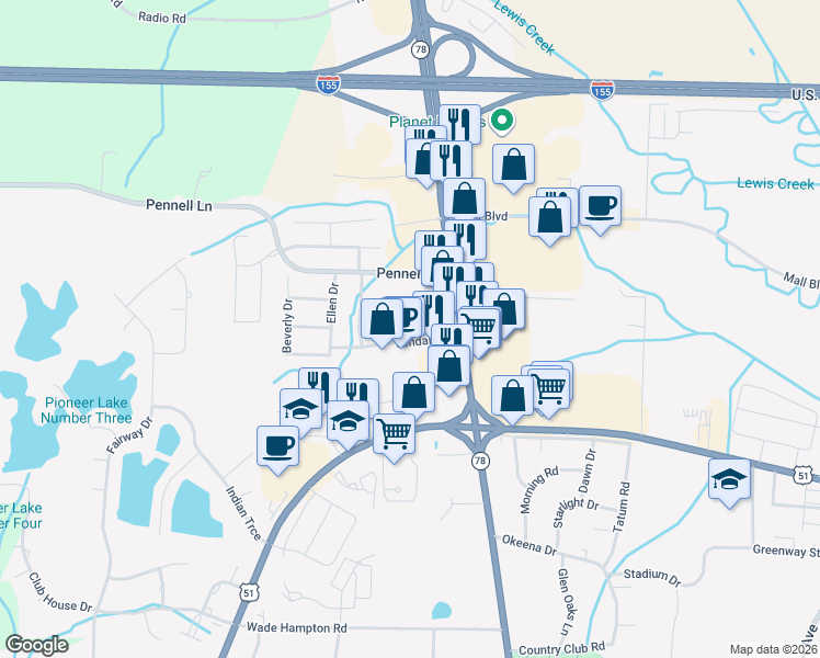 map of restaurants, bars, coffee shops, grocery stores, and more near 901 Leigh Drive in Dyersburg