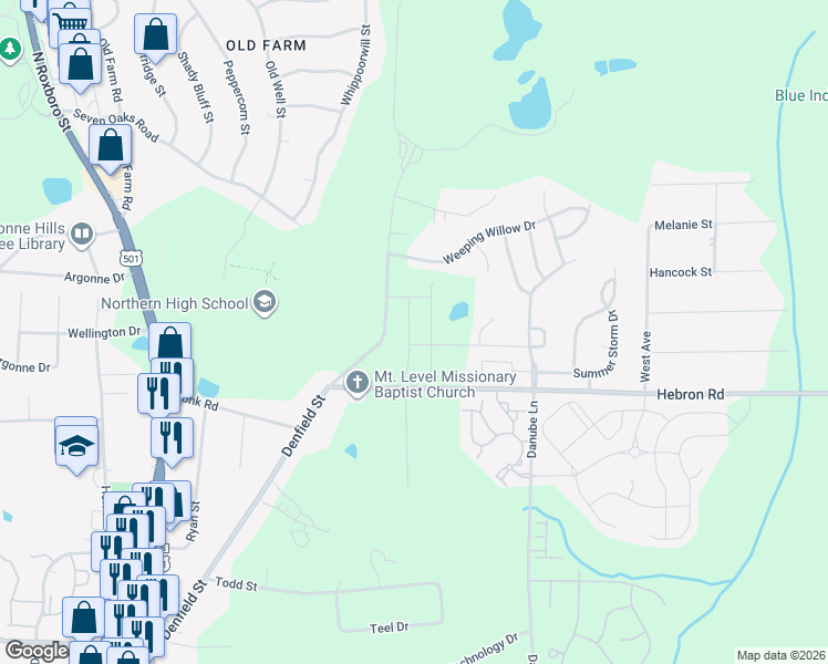 map of restaurants, bars, coffee shops, grocery stores, and more near 4728 Denfield Street in Durham
